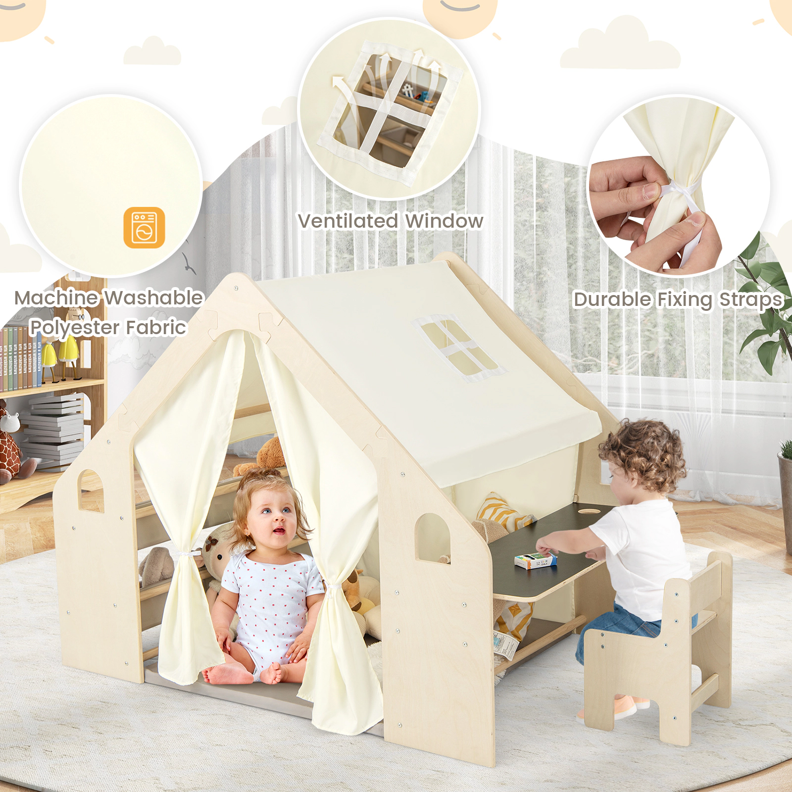 SUGIFT Beige Blackboard 6 Storage Bins Table and Chair 6-in-1 Kids Play Tent Playhouse