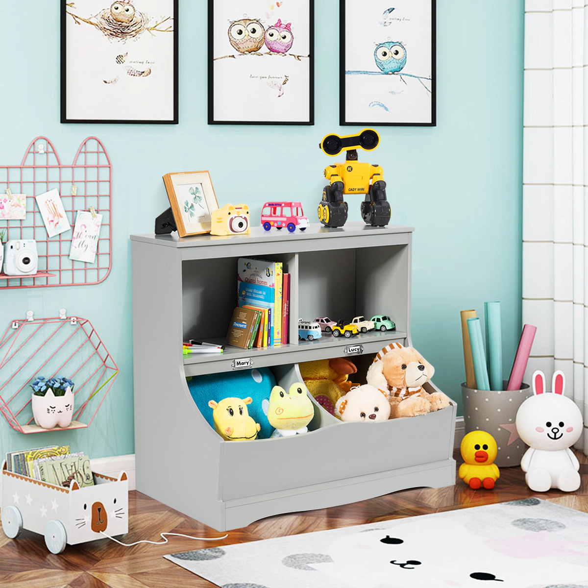 Costway Children's Multi-Functional Bookcase Toy Storage Bin Kids Floor Cabinet Grey