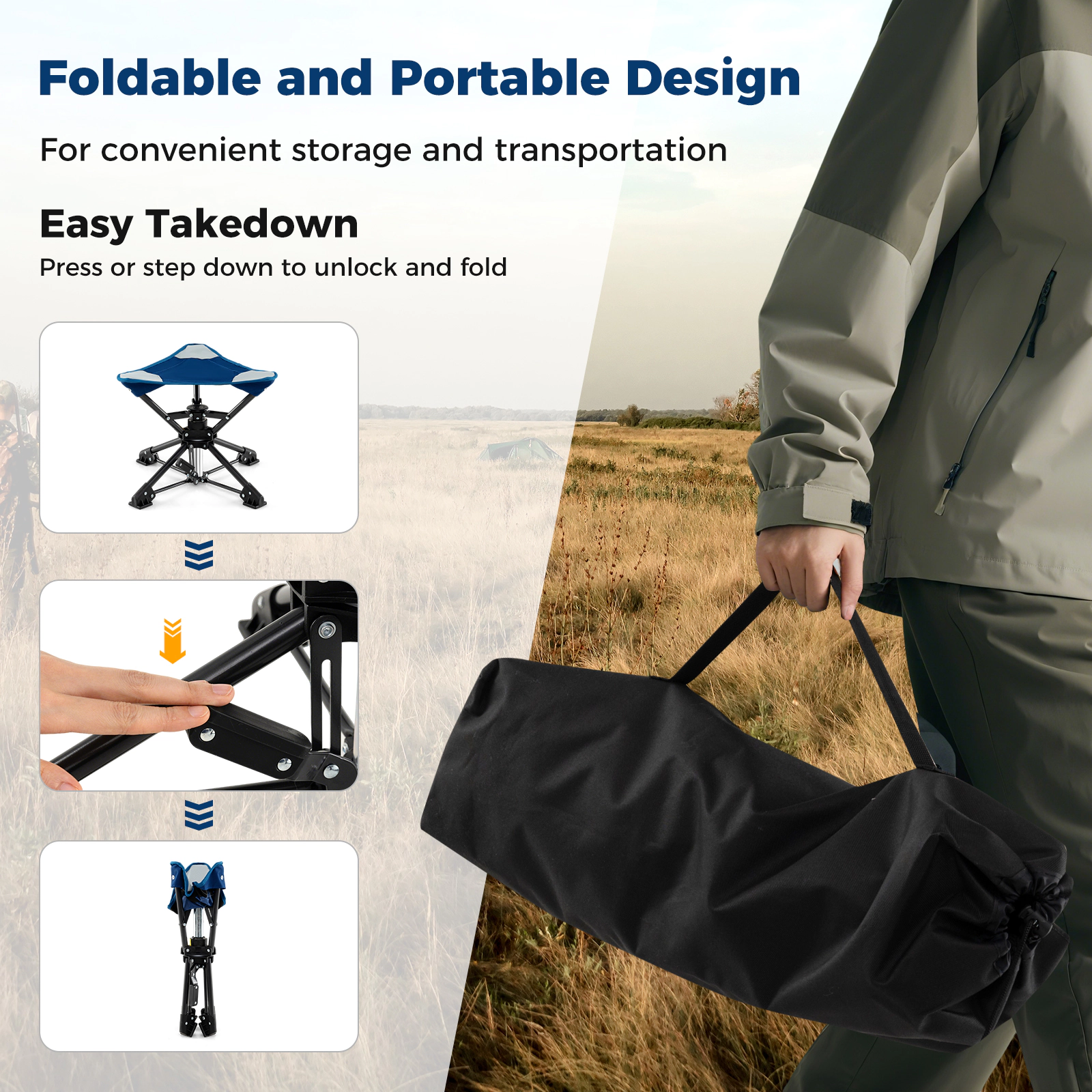 SUGIFT Blue 360-Degree Swivel Folding Camping Stool with Carry Bag 17-in W 14.5-in H 330-lb Seat Capacity