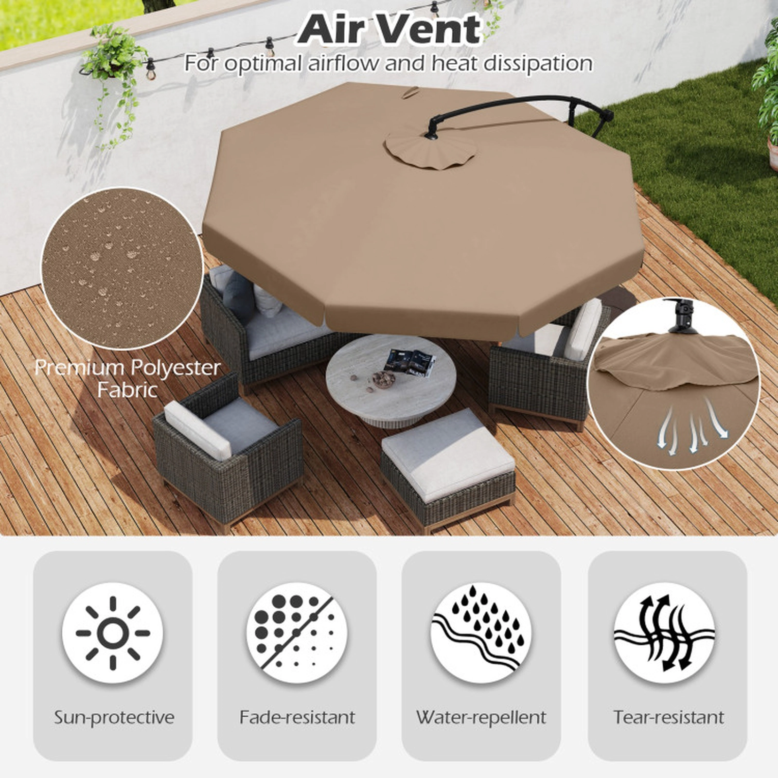SUGIFT Taupe Protective Cover 45-Degree Tilt and Ruffled Edge 10 FT Cantilever Patio Umbrella
