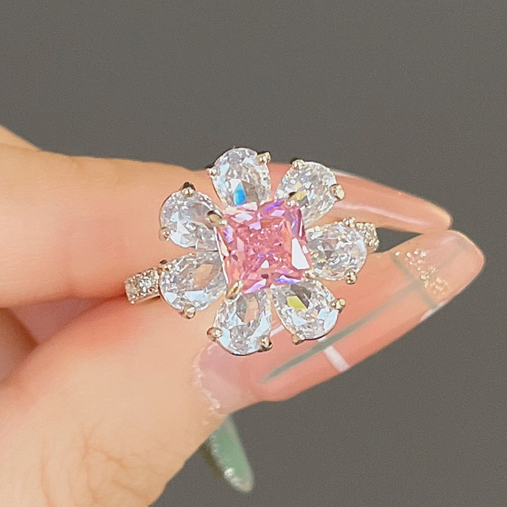 Romantic Flower Zircon Ring Fashion Pink Cherry Blossom Ring