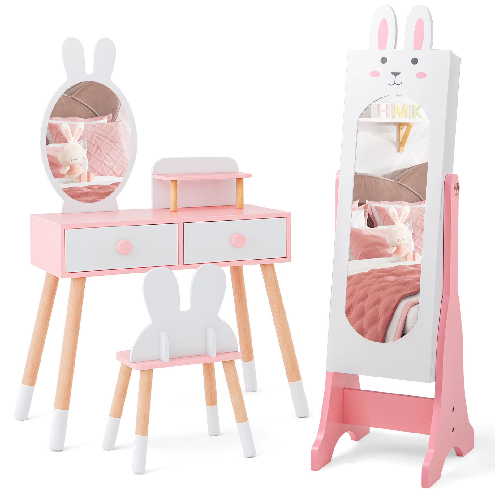SUGIFT 4-Piece Kids Vanity Table Set with Chair and Full-Length Dressing Mirror 110-lb Stool Capacity Ages 3+ Pink/White