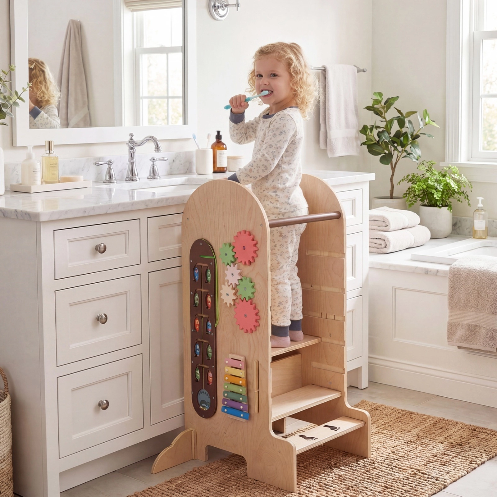 SUGIFT Natural Toddler Kitchen Helper Tower Stool with 3 Adjustable Heights Slide and Wood Chalkboard
