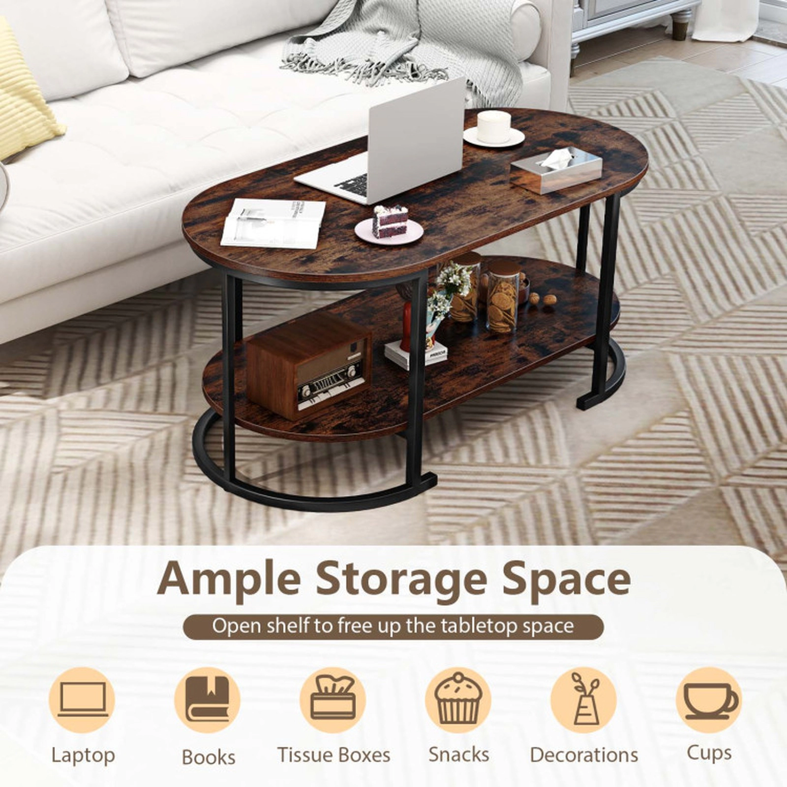 SUGIFT 2-Tier Oval Wood Grain Metal Frame Coffee Table 39.5-in x 19.5-in x 18-in 88-lb per Shelf Rustic Brown