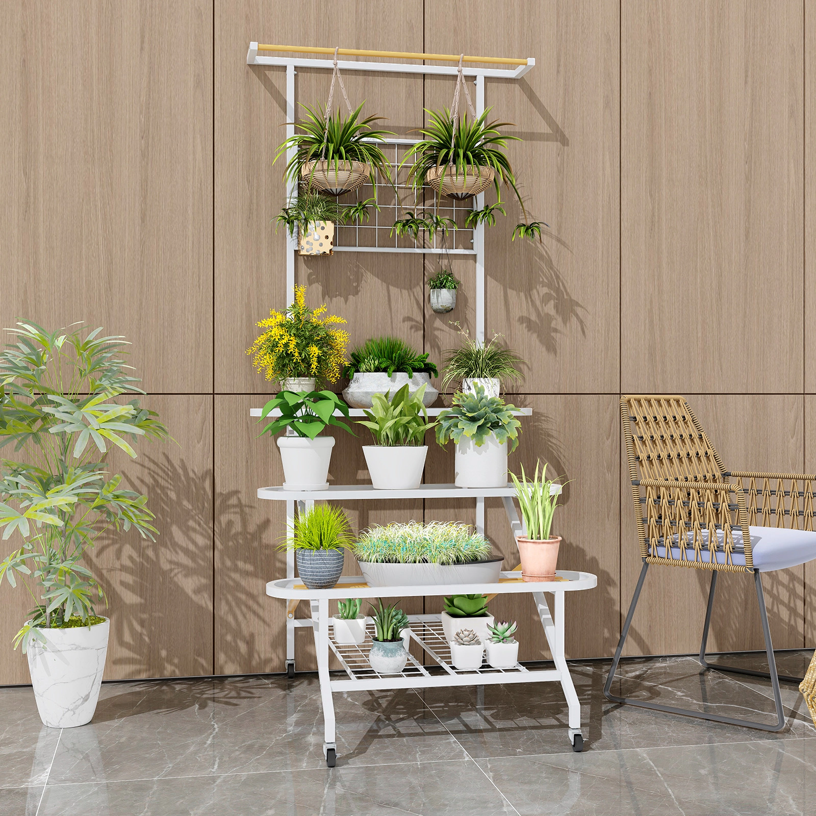 Slickblue Rolling 4 Tier Plant Stand Metal Flower Rack with Trellis Wheels Balcony Patio Organizer
