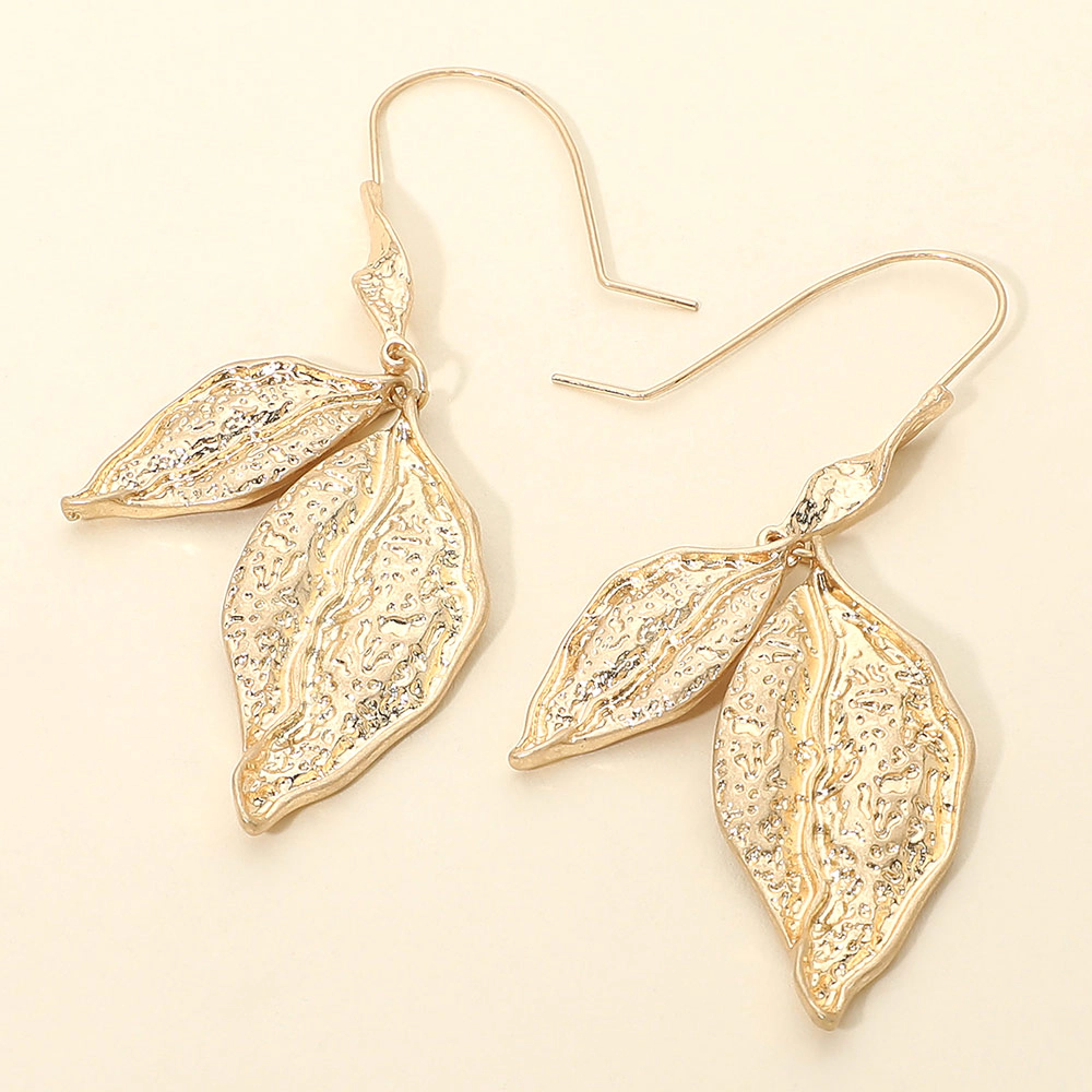 FASHNZFAB Bold Textured Metal Double Leaf Drop Earrings