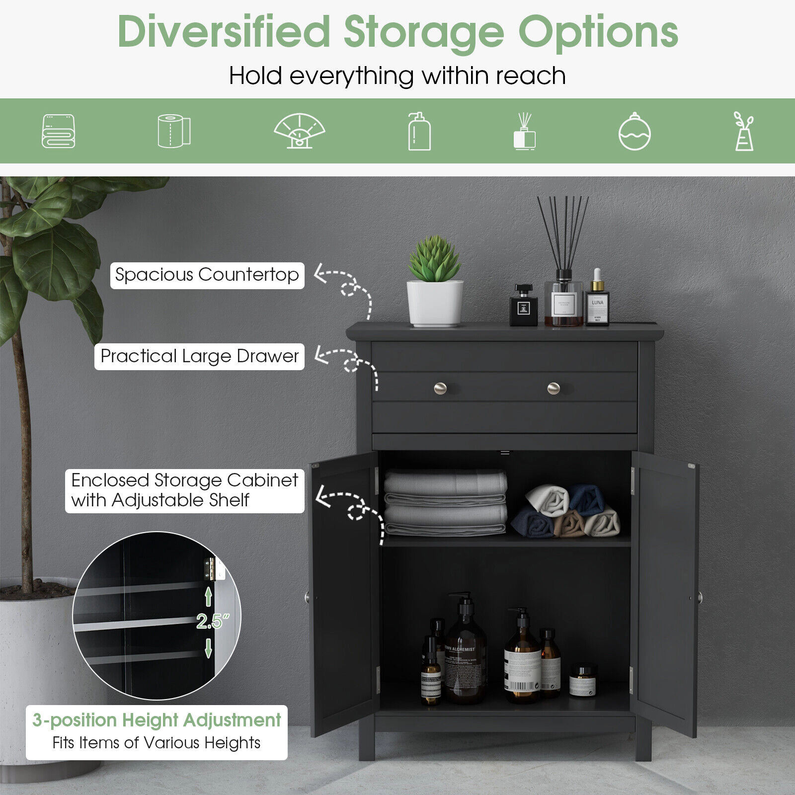 SlickBlue Bathroom Storage Cabinet with Drawer, Doors & Adjustable Shelf