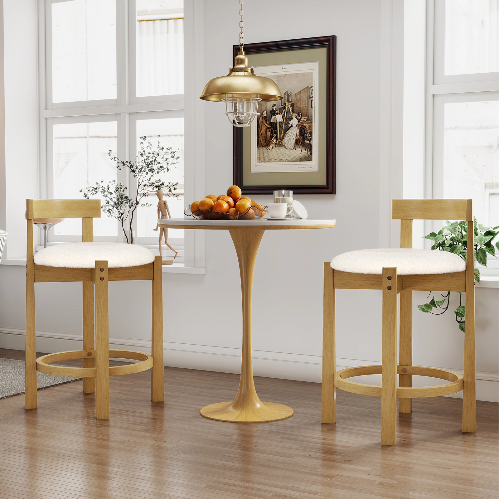 Glintex 2-Piece 24-Inch Teddy Velvet Counter Stool Set with a Backrest, Natural