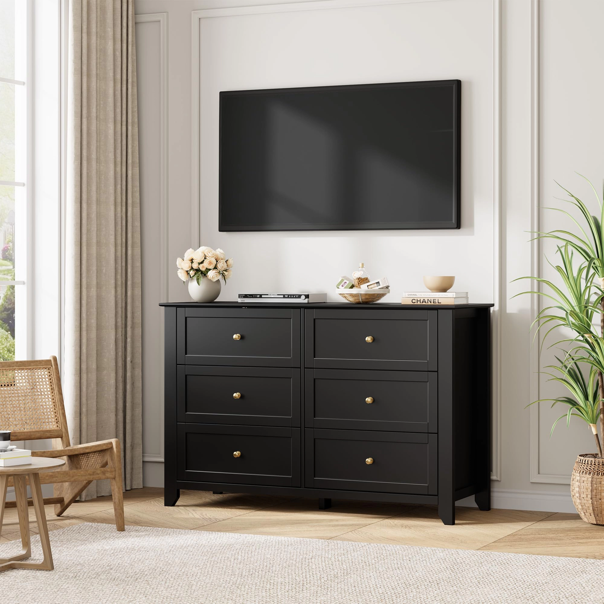 6 Drawer Dresser with Metal Knobs,  54" Wide Wooden Double Storage Chest for Bedroom Entryway Hallway