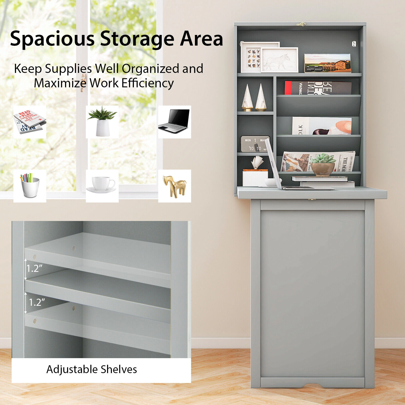 SUGIFT 36-in Wall Mounted Fold-Out Convertible Floating Desk with Adjustable Shelves and Storage
