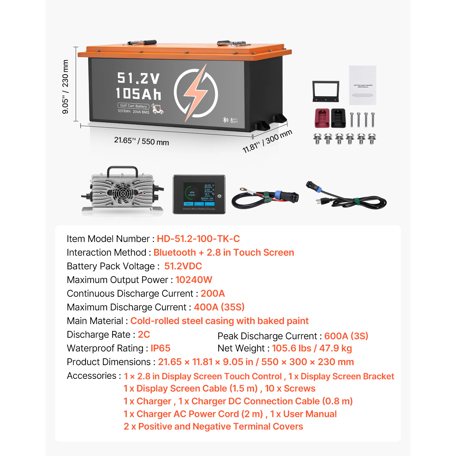 HONGGE 48V 105Ah Golf Cart Lithium Battery, 48 Volt Golf Cart Battery with 200A BMS, Monitor and Mobile APP