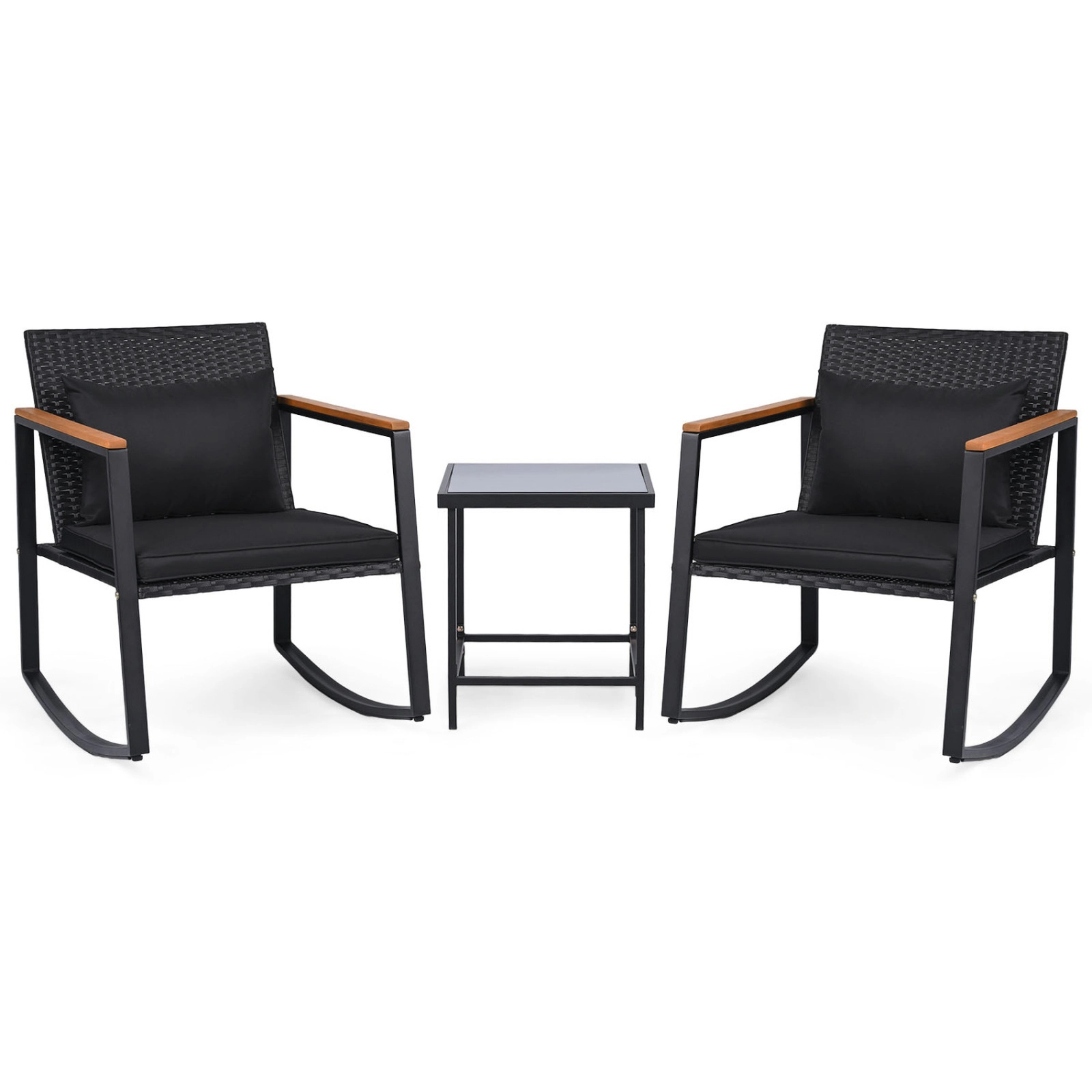 SUGIFT Outdoor Rocking Bistro Set with Cushions & Tempered Glass Table 397-lb Chair Capacity 99-lb Table Capacity Black