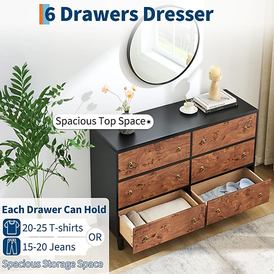 BebreezChic 6 Drawer Wide Dresser 47"L ×14"W ×32"H Bedroom Storage Chest, Burl Wood & Black Finish
