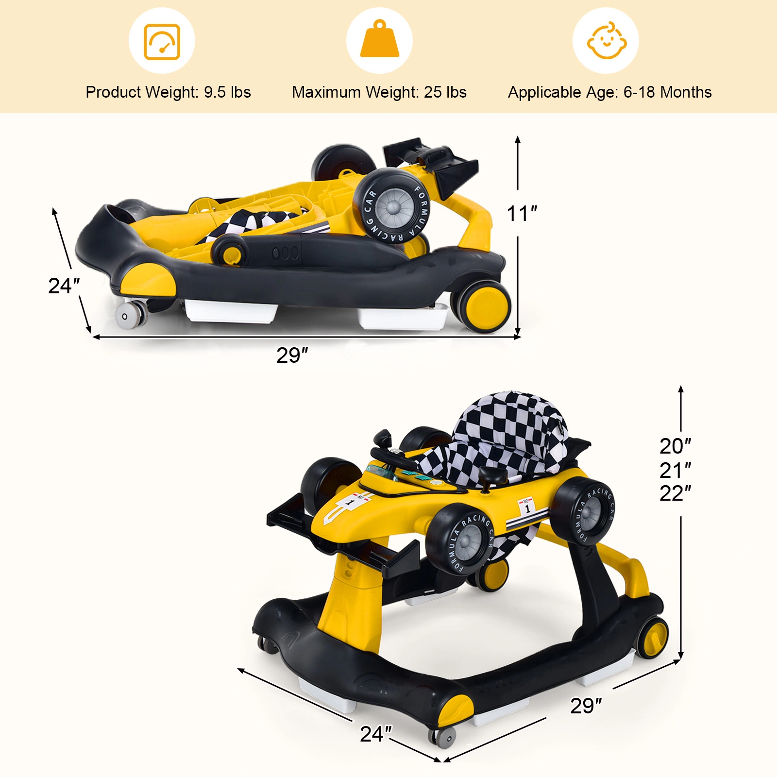 4-in-1 Foldable Activity Push Walker with Steering Wheel Shifter 2 Rearview Mirrors Music and Lights in Yellow