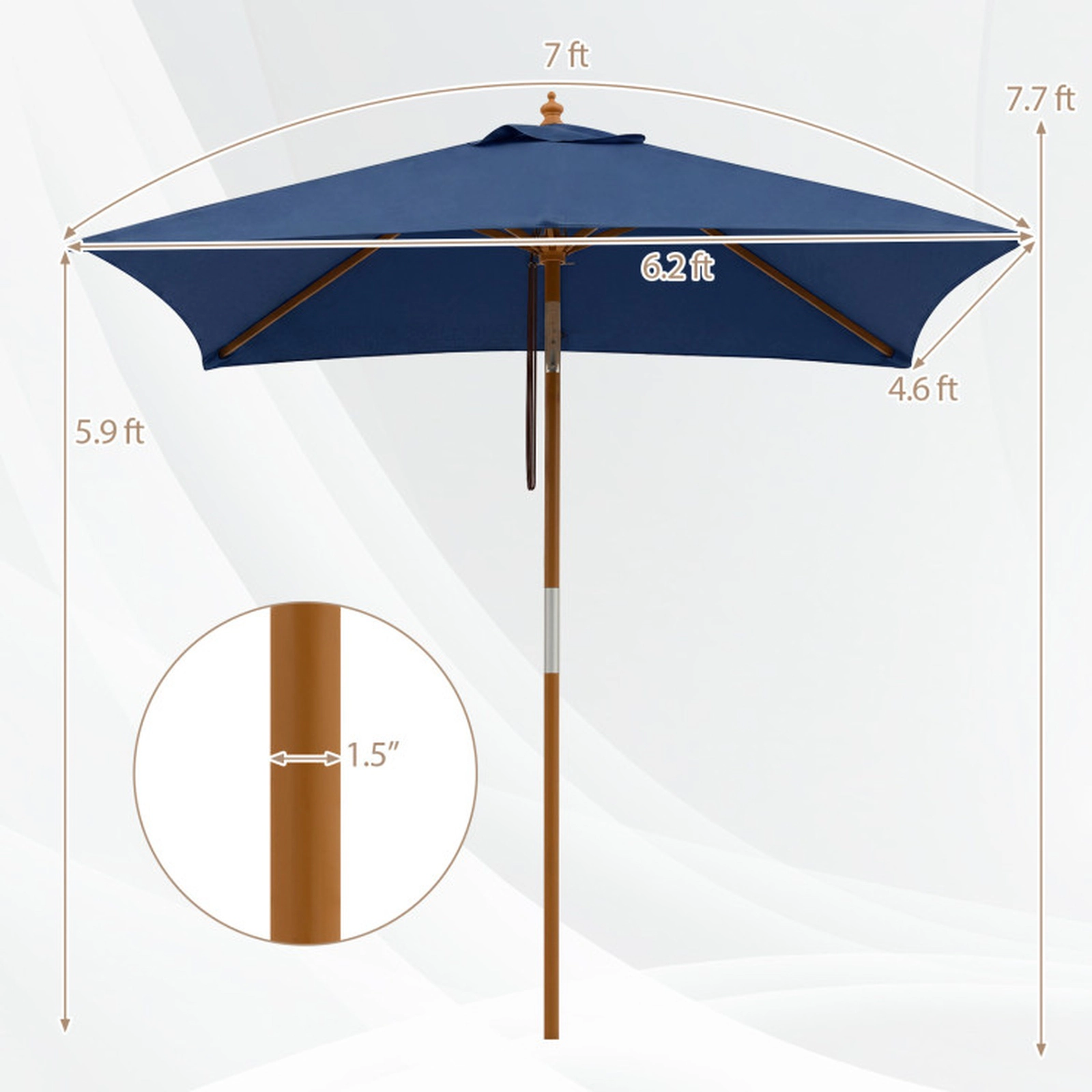SUGIFT Water-Resistant Rectangular Patio Umbrella with Push-Button Tilt 7-ft Wide Navy