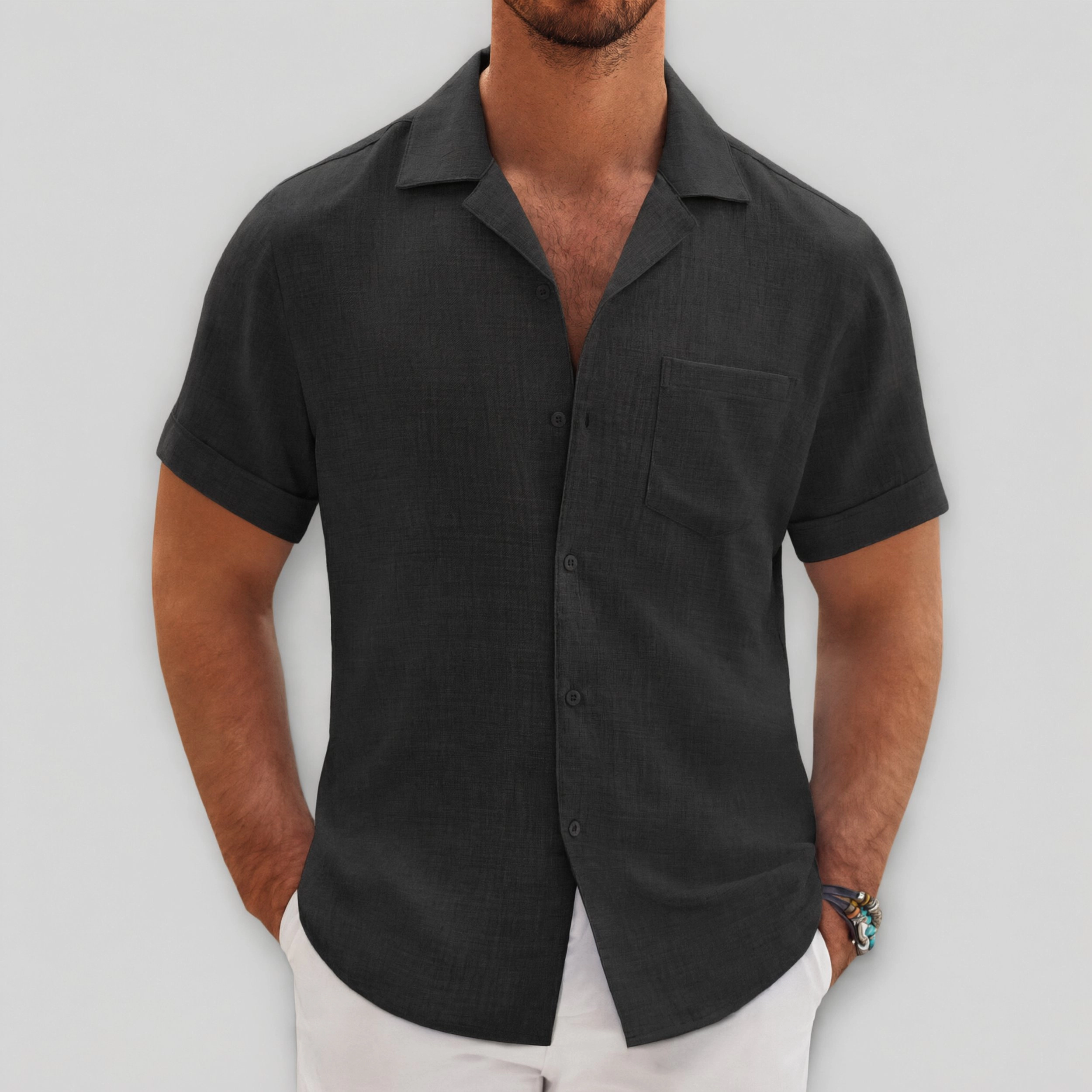 COOFANDY Men's Regular Fit Lightweight Linen Blend Short Sleeve Camp Shirt
