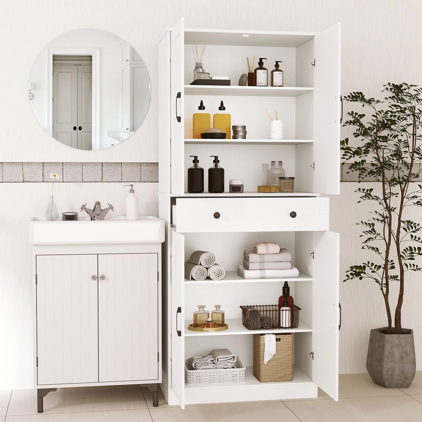 SlickBlue 72 Inch Kitchen Pantry Storage Cabinet with Barn Doors White
