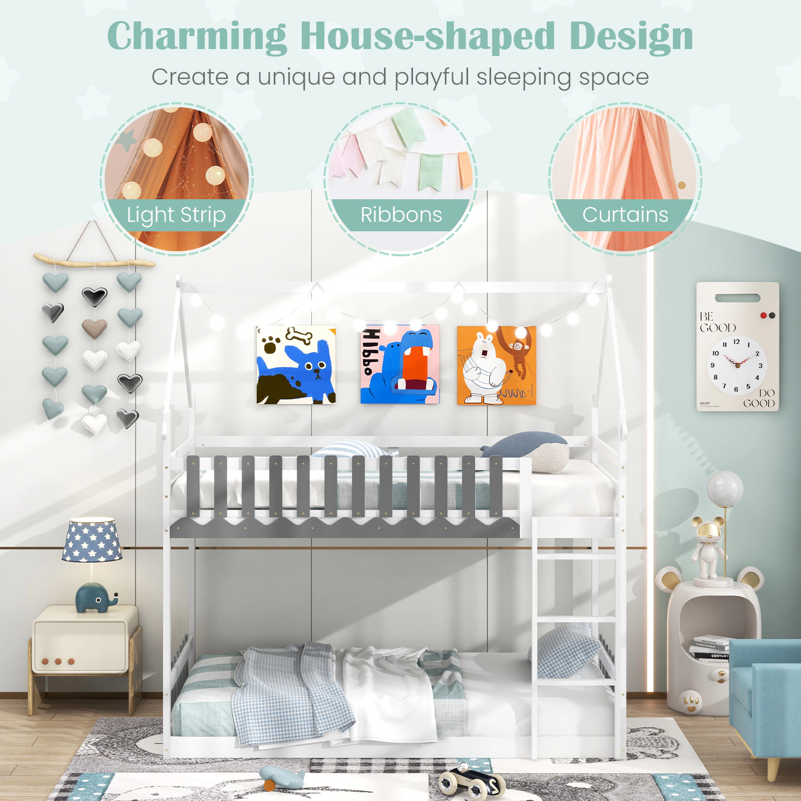 SUGIFT White House Frame Fence Rails and Ladder Twin Over Twin Kids Bunk Bed