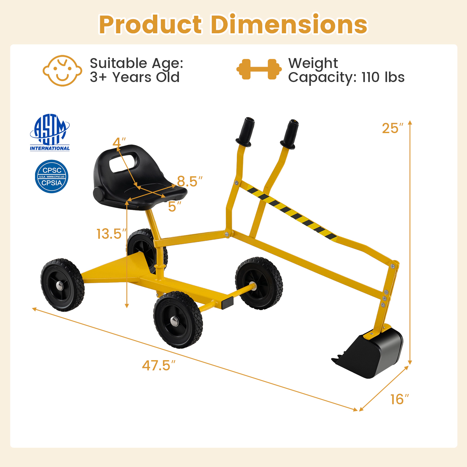 Kids Sandbox Toy Digger Ride-On Excavator Dual Lever Controls Fine Motor Skills 360-Degree Seat 110-lb Ages 3+ Yellow