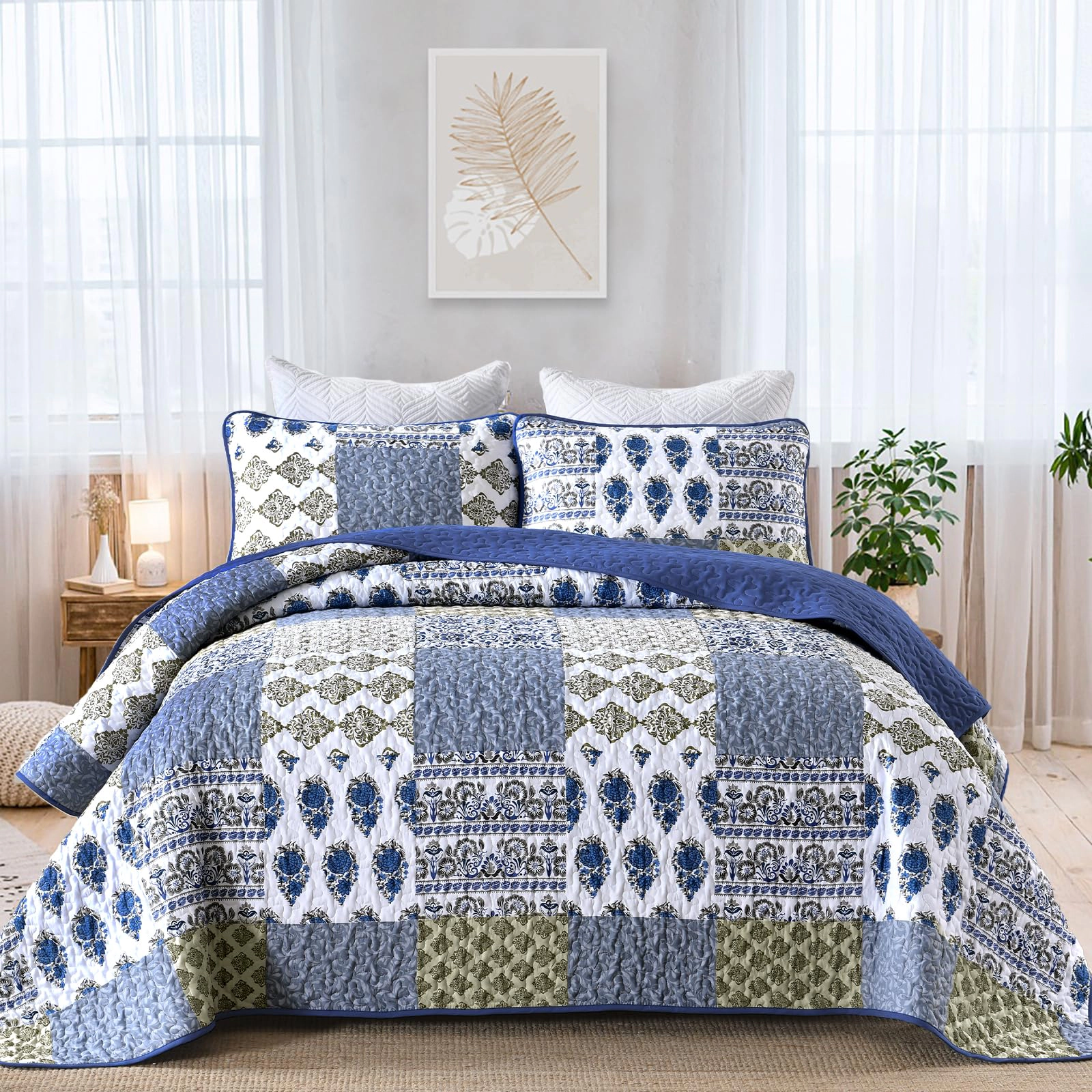 PUPWE Boho Quilt King  Patchwork Bedding Set Black Grey