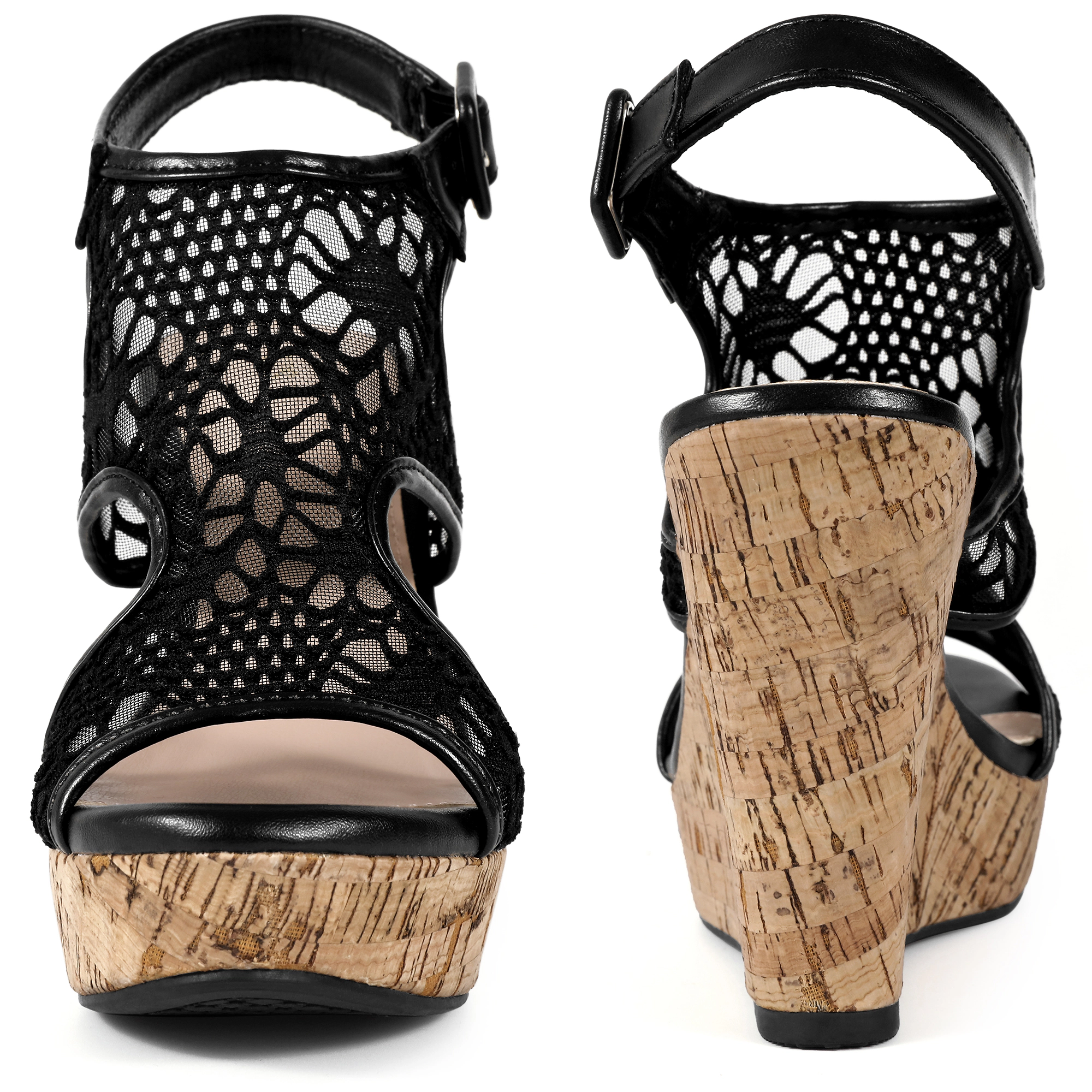 BLISSFUL STEP Women's Lace Open Toe Ankle Strap Platform Wedges Heel Sandals