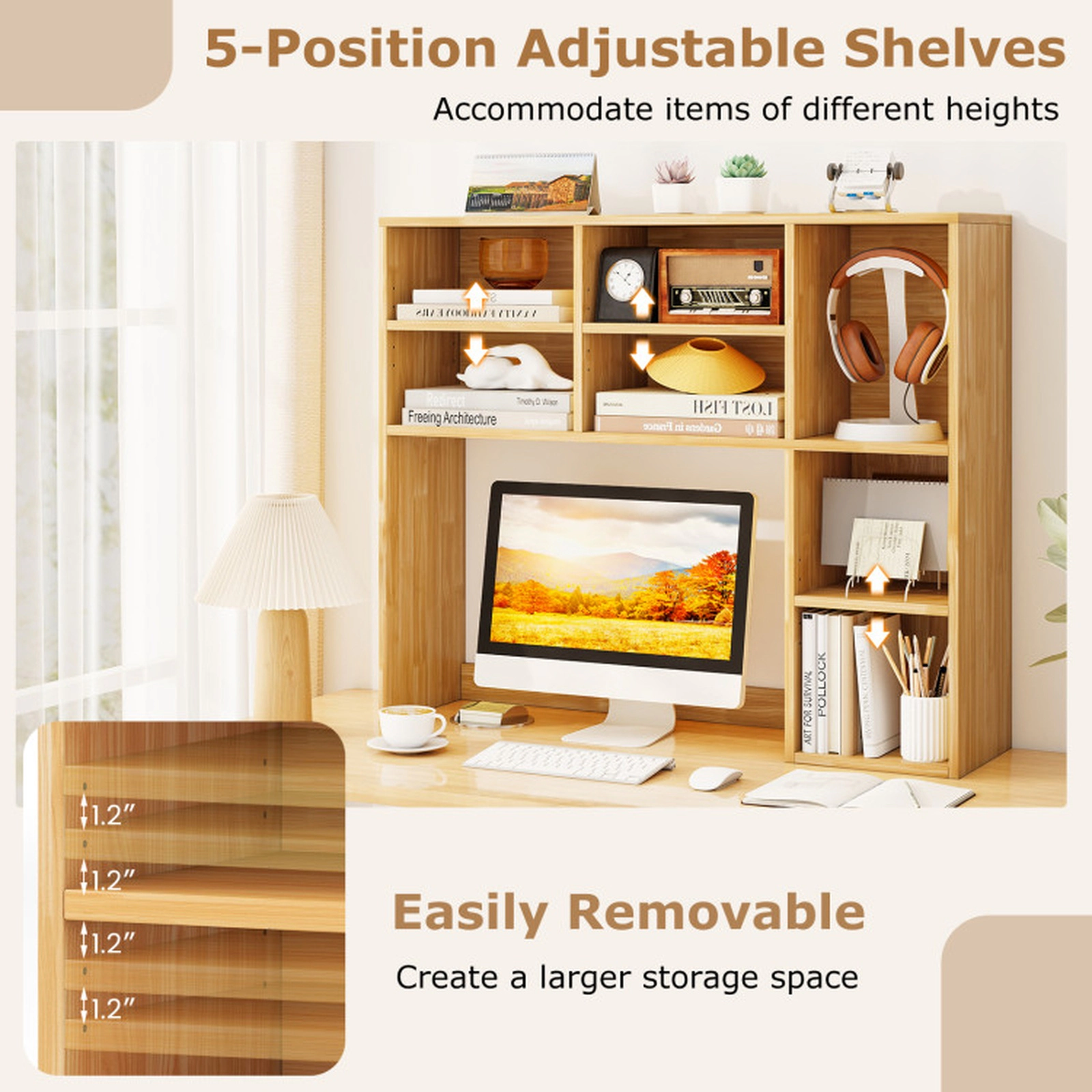 SUGIFT Natural 37-in Desktop Bookshelf Countertop Organizer with 7 Cubbies 3 Adjustable Shelves and 210-lb Top