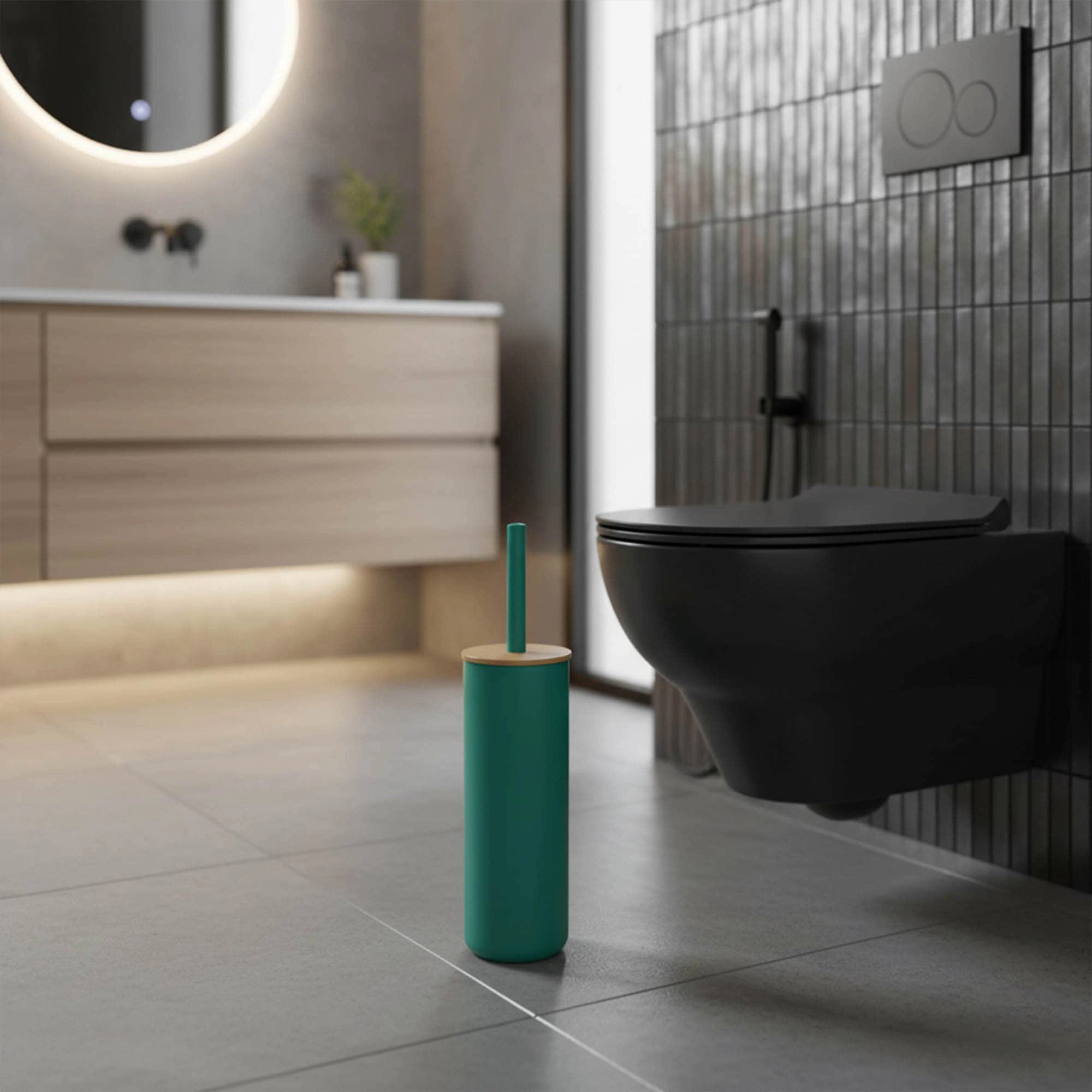 Evideco French Home Goods Padang Toilet Brush and Holder Set - 2-Piece, Bamboo Collar, Matte Cylinder