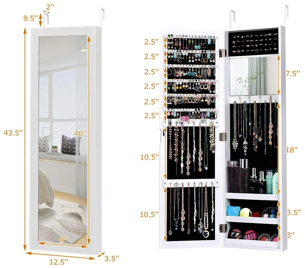 SUGIFT Full Length Mirror Jewelry Cabinet with Ring Slots and Necklace Hooks Wall or Over-the-Door Mount White