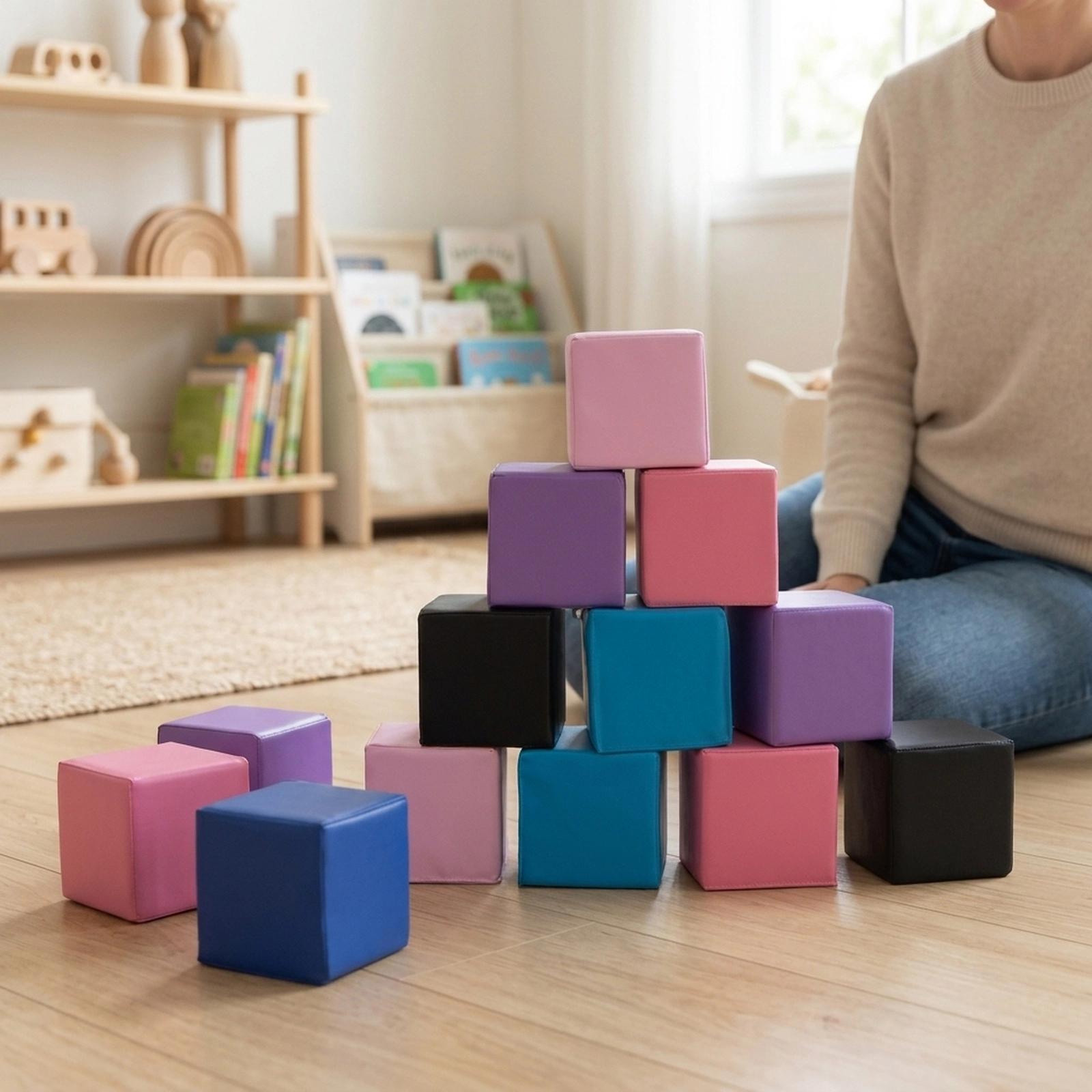 12-Piece Soft Foam Building Blocks 5.5-in Climbing Cubes for Kids Waterproof PU Covers in 6 Deep Colors Multicolor
