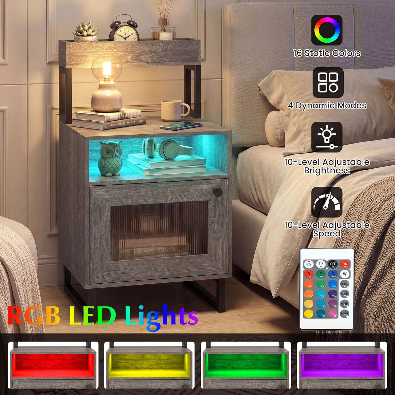 SlickBlue Modern LED Side Table with 4-Tier Storage Cabinet