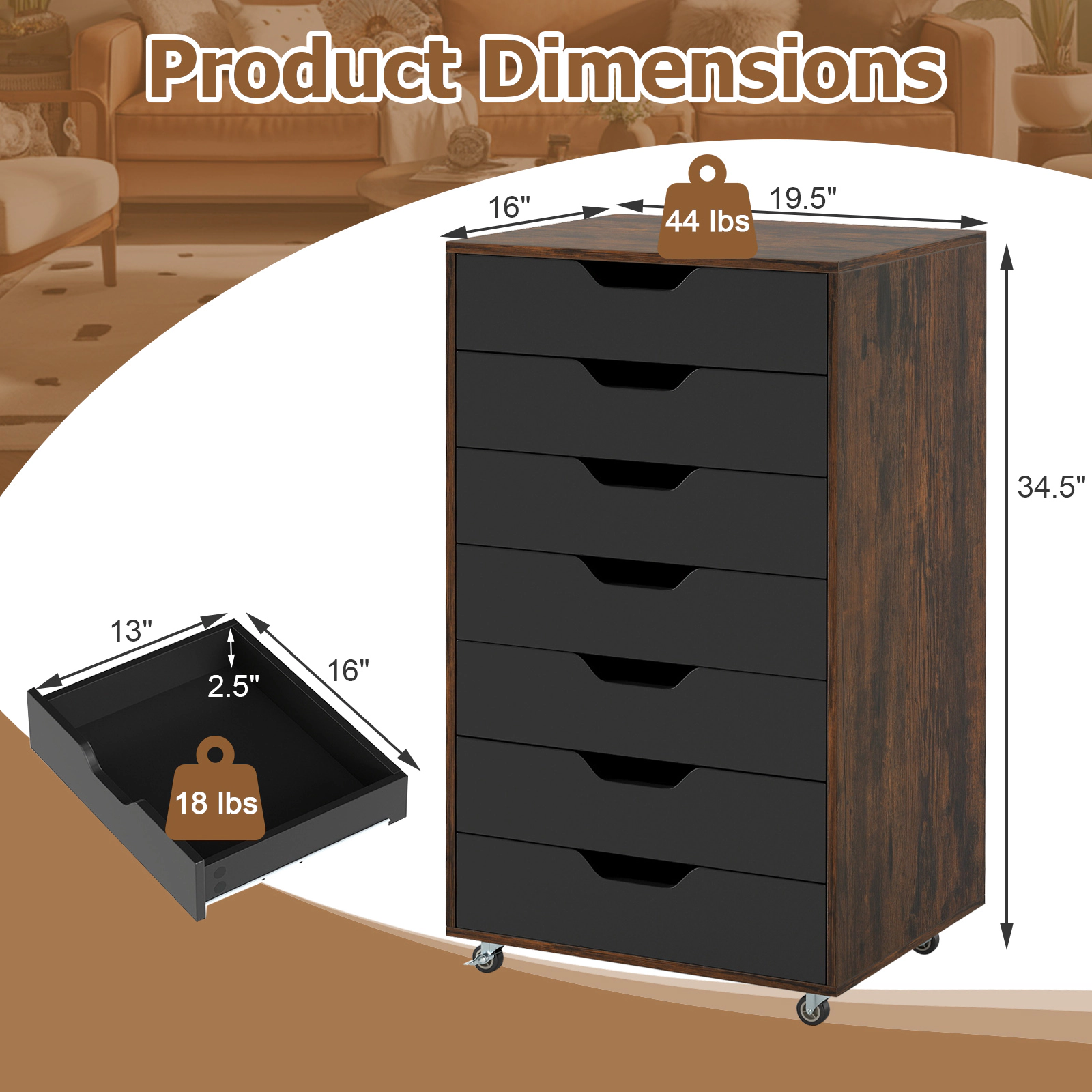 SUGIFT 34-in 7-Drawer Rolling Wood Dresser Chest with Anti-Tipping Kits and Lockable Wheels for Bedroom