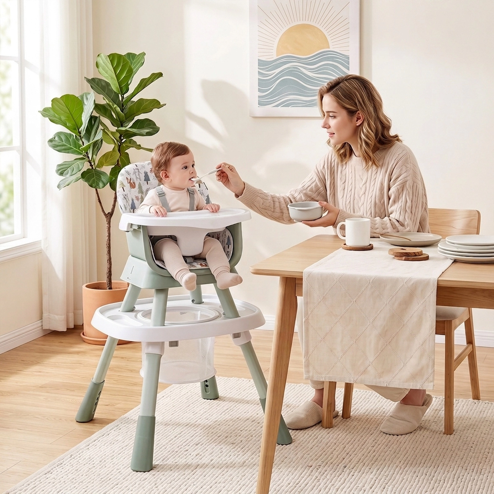 Convertible Baby High Chair Strap-On Booster Seat Floor Chair Mode Waterproof Cushion for 6 Months to 3 Years