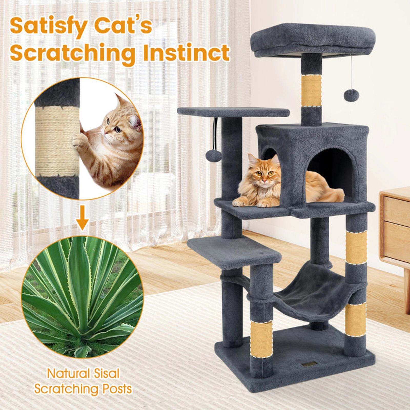 SUGIFT 44 -Level Cat Tower with 2-Door Condo Hammock and Padded Perch
