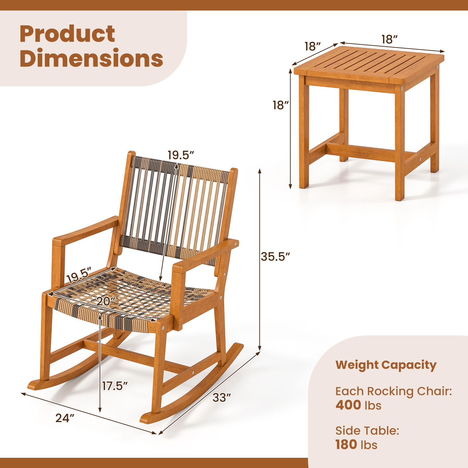 SUGIFT 3-Piece Acacia Wood Outdoor Rocking Chair Set, PE Rattan Seats and 18-Inch Side Table