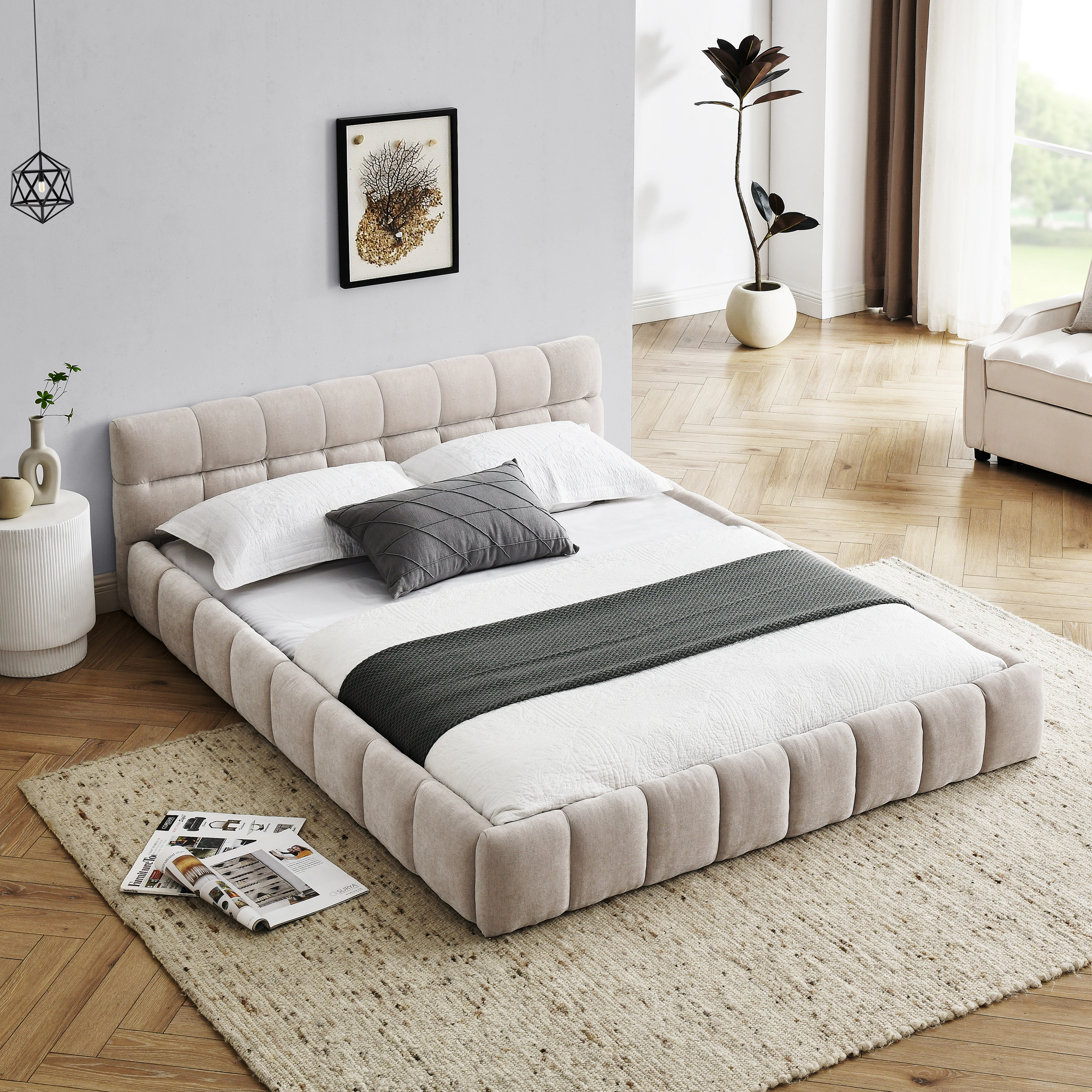 Flynama Queen Upholstered Platform Bed, Chenille Fabric with Headboard, Beige