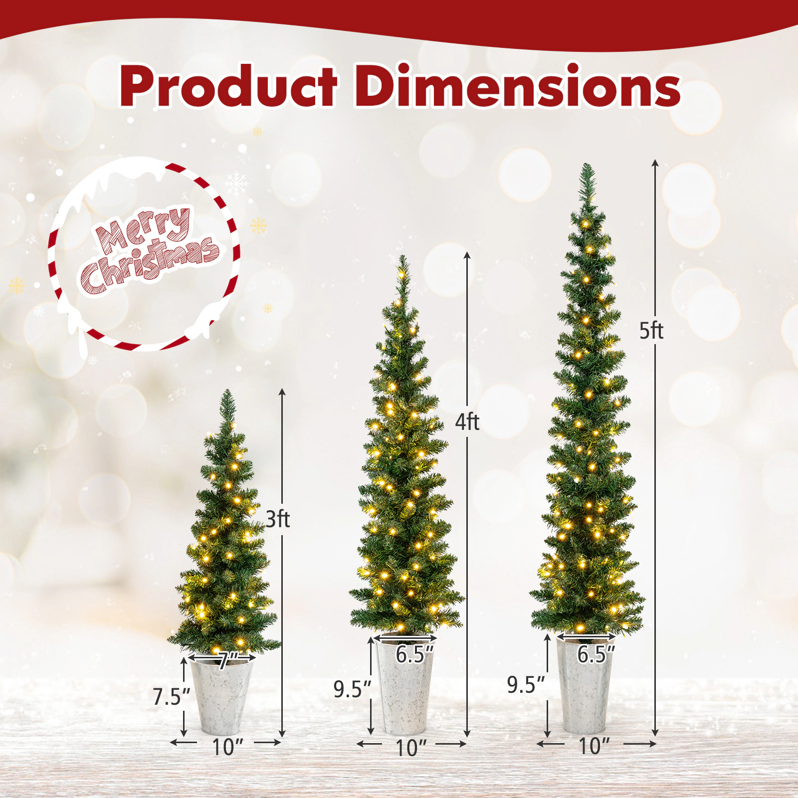 LJG Set of 3 Pre-Lit Artificial Christmas Trees with 230 Warm White LED Lights