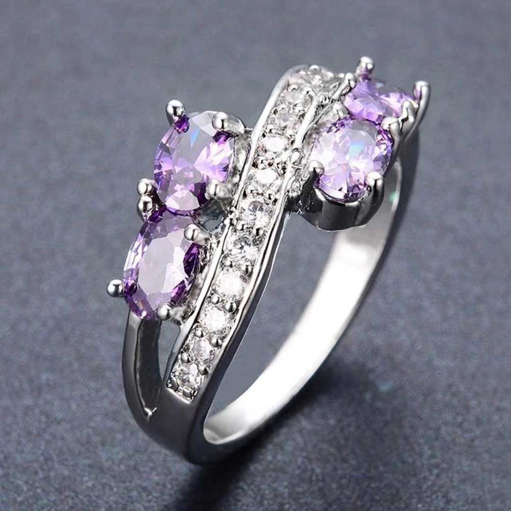 White Gold Plated Purple Cubic Zirconia Statement Ring