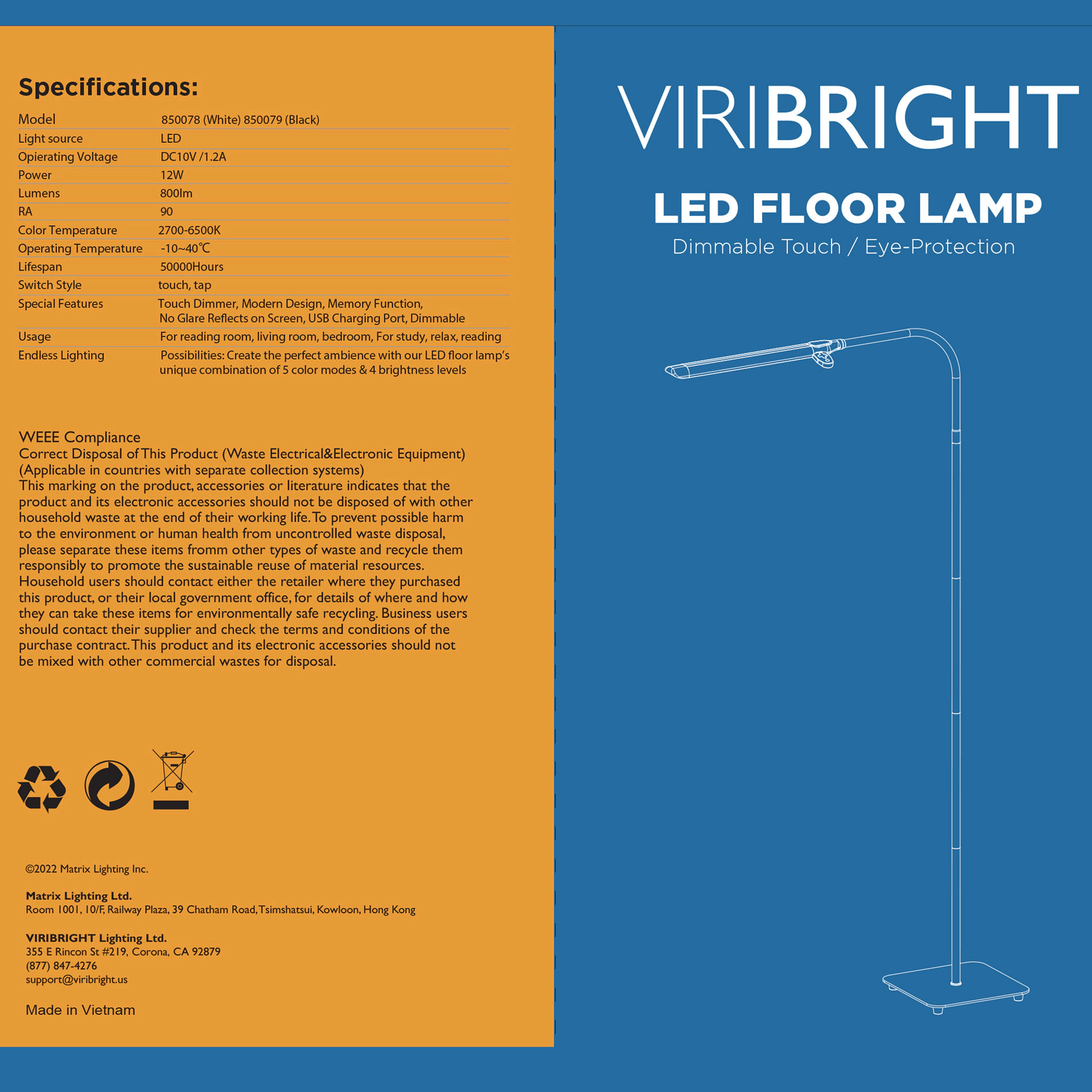 Viribright® LED Floor Lamp with USB Charger Socket & Wireless Remote, Adjustable, White