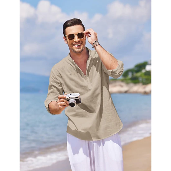 COOFANDY Men's Regular Fit Lightweight Linen Long Sleeve Henley Shirt
