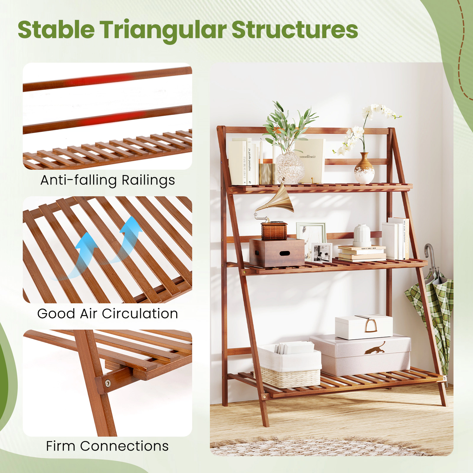 SUGIFT Brown 3-Tier 28-in Foldable Bamboo Ladder Shelf Plant Stand Flower Rack and Bookshelf for Indoor