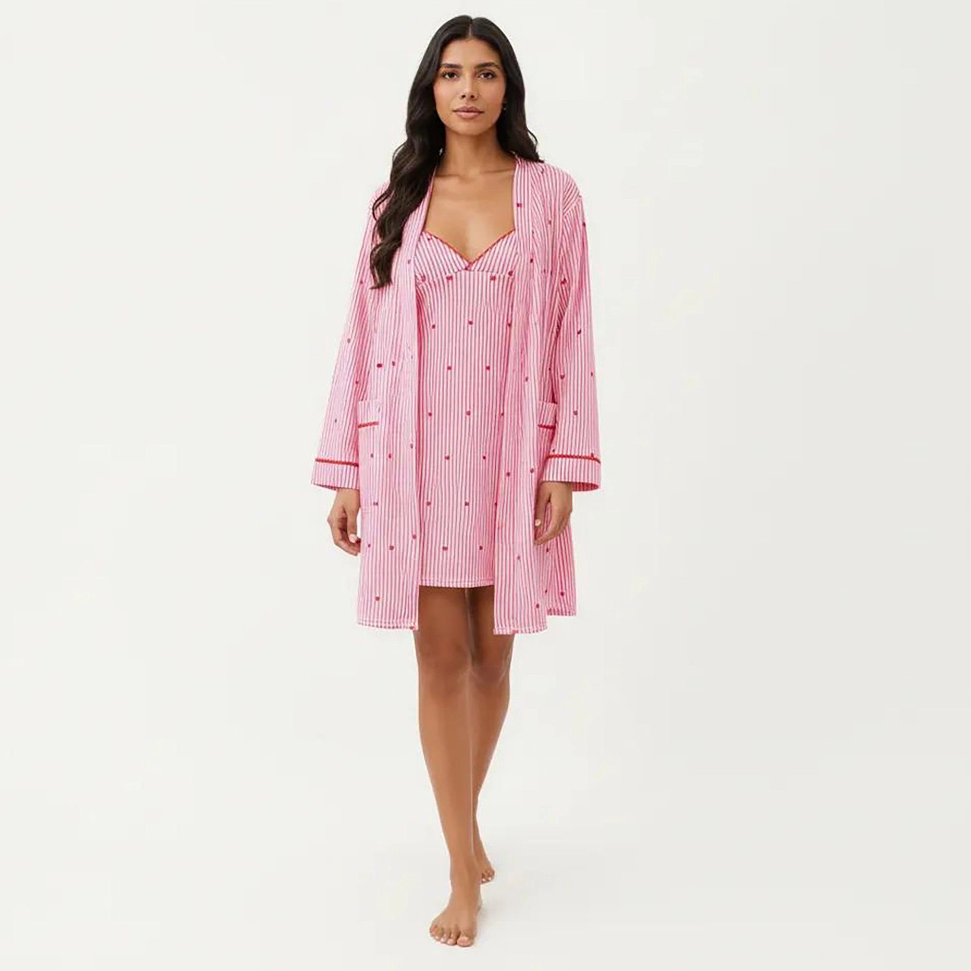 Anna-Kaci Women's 2-Piece Pajama Dress with V Neck and Long Sleeve Open Front Robe Striped Sleepwear Lounge Set