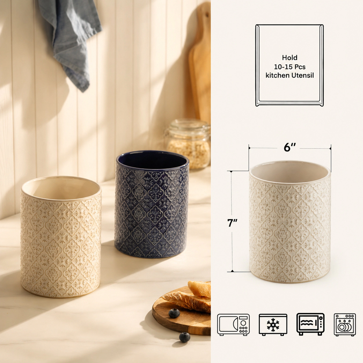 WZK Large Ceramic Embossed Crock Kitchen Utensil Holder