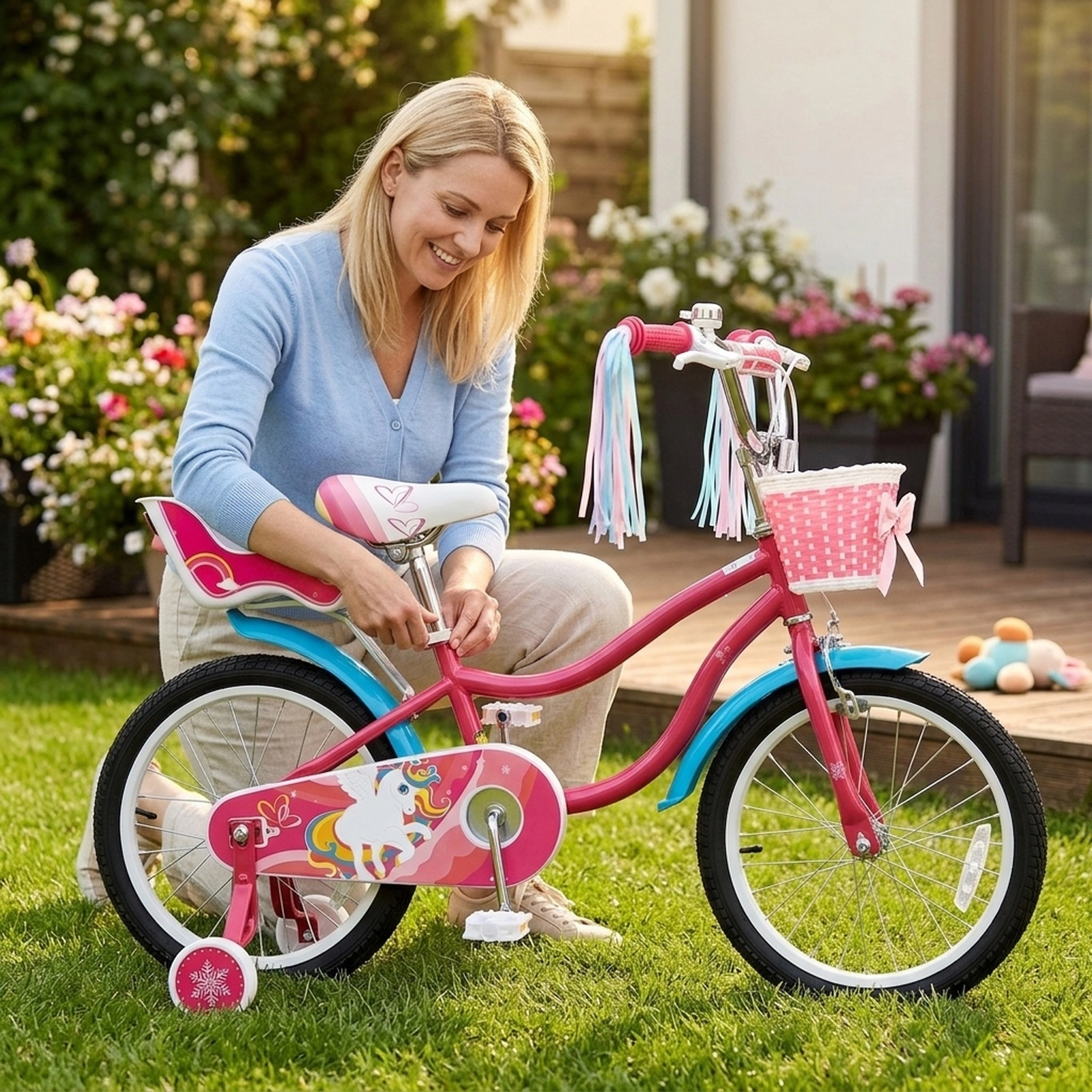 18-in Girls Bike with Doll Seat Front Basket and Removable Training Wheels for Ages 4-8 Quick-Release Adjustable