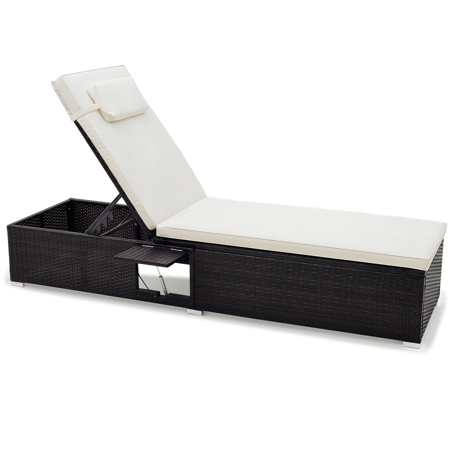 LJG PE Rattan Chaise Lounge with Adjustable Backrest and Foldable Side Table Outdoor