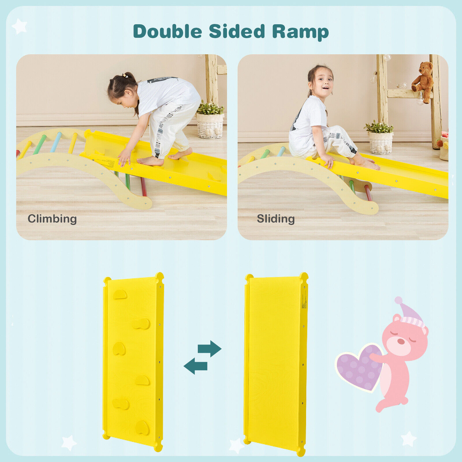 SUGIFT 3-in-1 Wooden Arch Triangle Climber Rocker with 132-lb Capacity Ramp and Mat Ages 1-8 Yellow/Natural