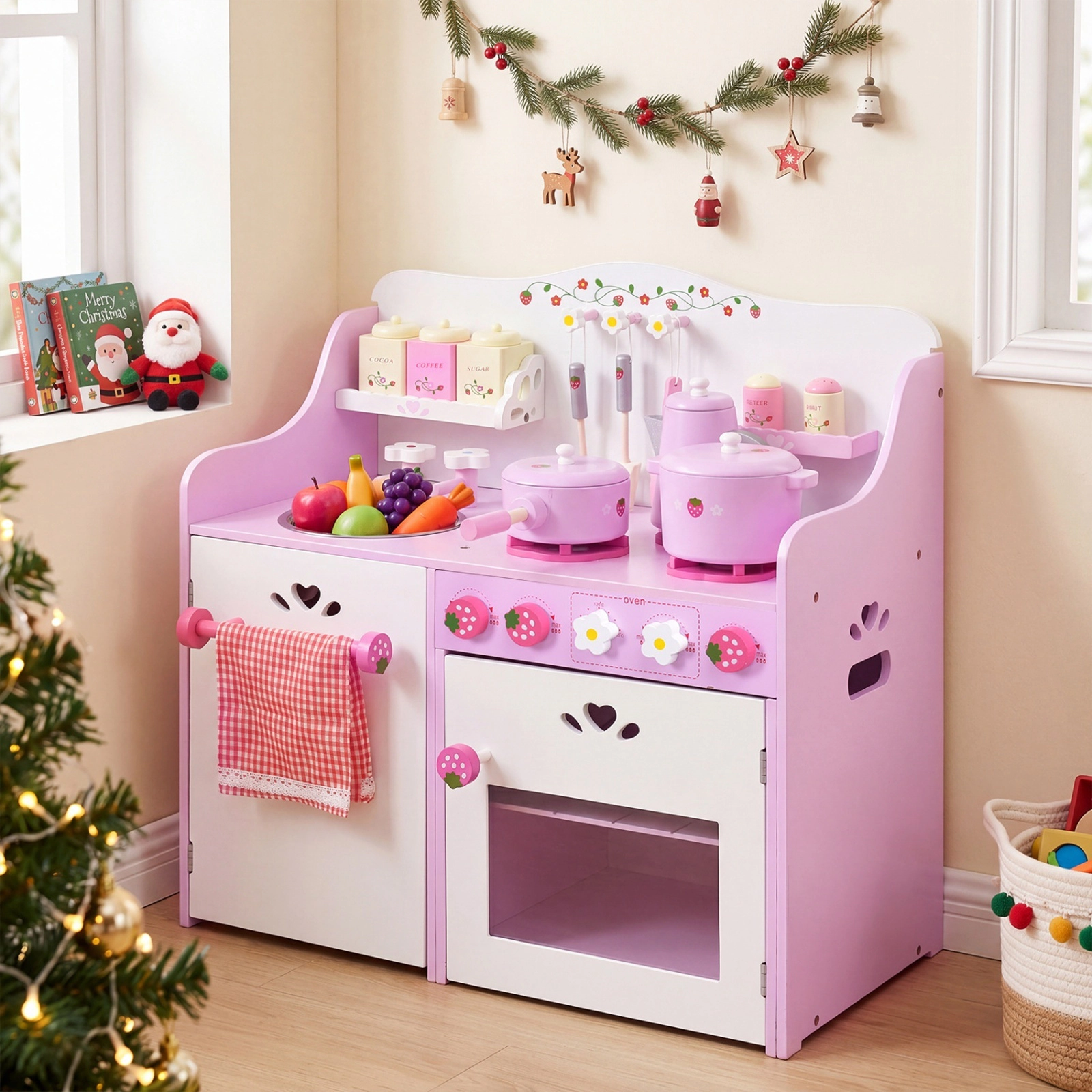 Small Wooden Play Kitchen for Toddlers Strawberry Design Working Knobs Storage Shelf 23.6-in x 11.6-in x 24.4-in Pink