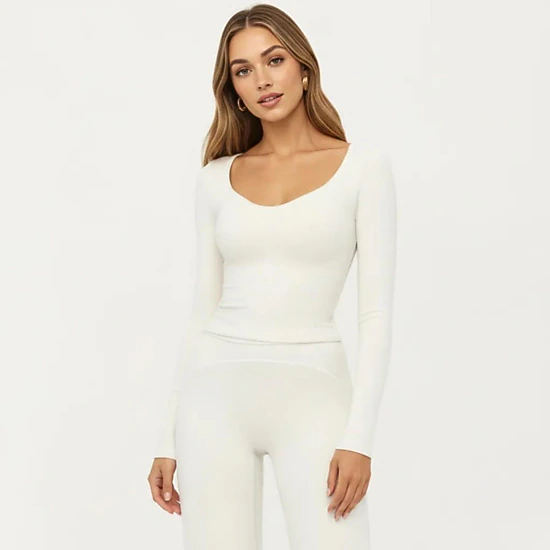 Anna-Kaci Women's Long Sleeve Cropped Top with V Neckline Contrast Trim and Smooth Stretch Fit