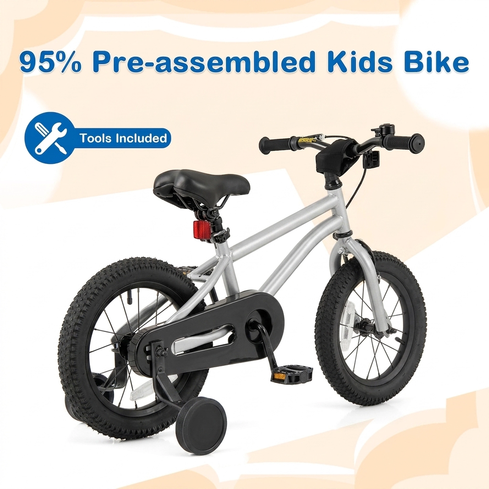 SUGIFT Kids Silver 14-in Steel Bike with Hand and Coaster Brakes and Enclosed Chain Guard Ages 3-5