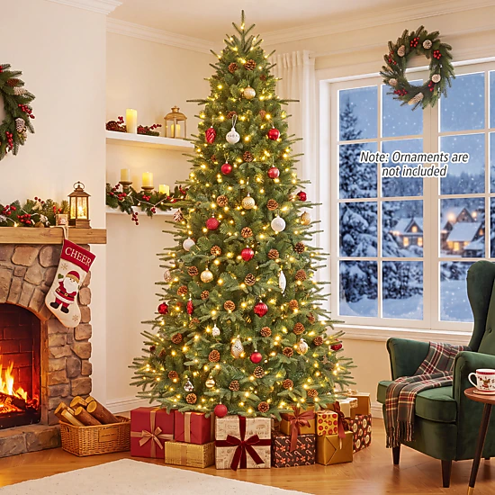 Costway 7Ft/7.5FT/8FT Pre-Lit Christmas Tree Hinged 460/540/600 Lights
