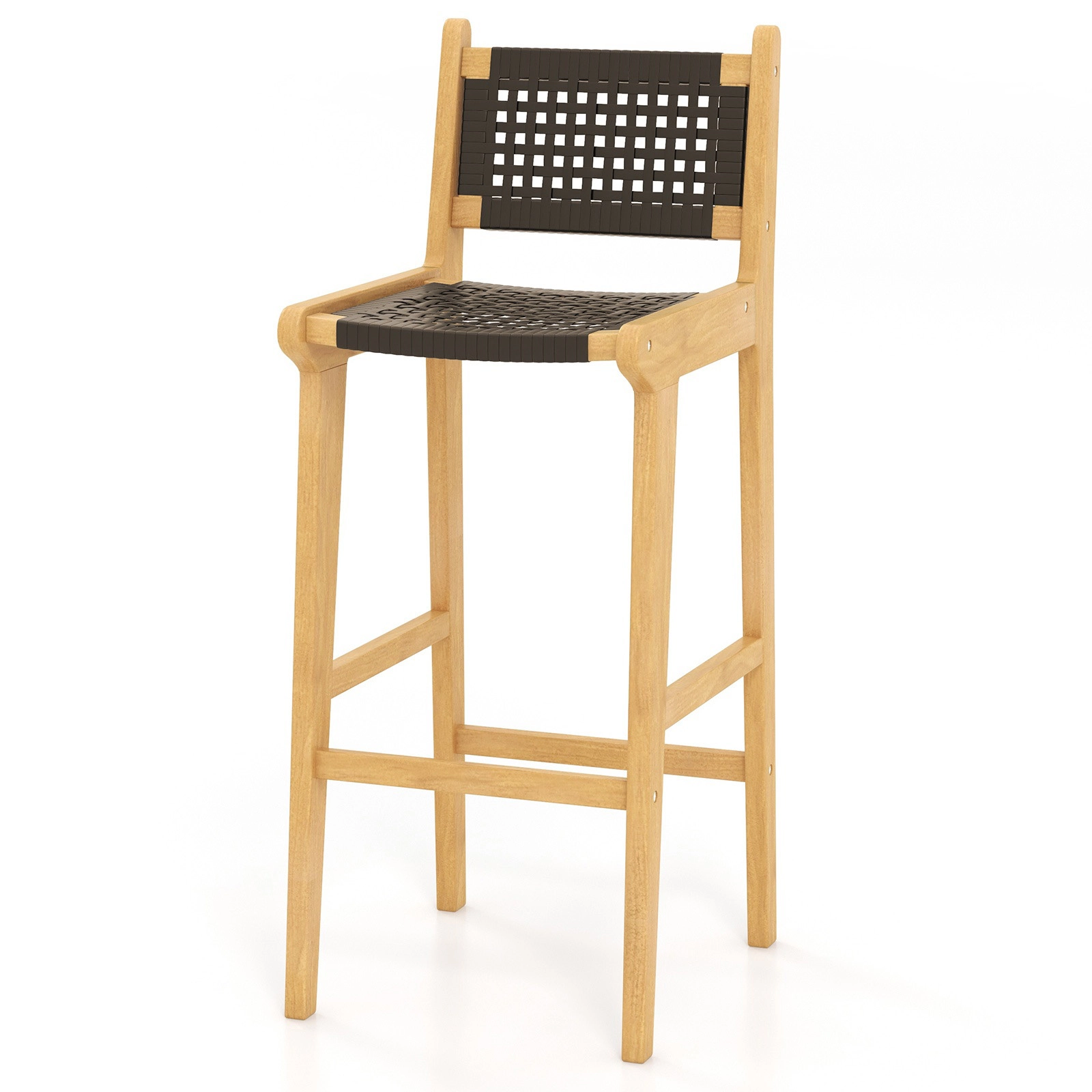 Glintex 30-Inch Teak Wood Bar Stool with PE Rattan Back and Footrest, Black & Natural
